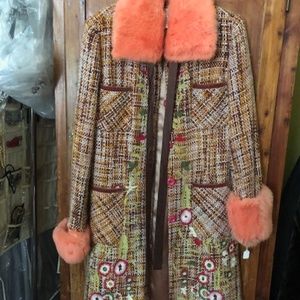 Max Mara Embroidered Tweed Coat with Fur trim 4
